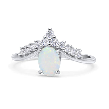 V Midi Chevron Oval Thumb Ring Statement Fashion Ring Lab Created White Opal 925 Sterling Silver